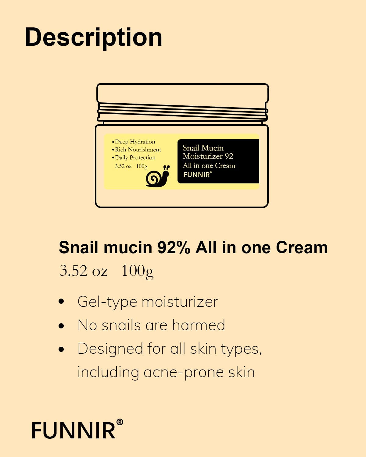 Snail Mucin Moisturizer 92%, Lightweight Moisturing Cream, 100G, Youthful and Radiant Formula, Repair Face Cream for All Skin Types, Skincare Products