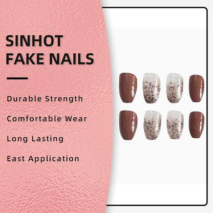 Coffin Press on Nails Medium Ballerina Glossy Glue on Nails Brown Gradient Acrylic False Nails Designs 24 Pcs