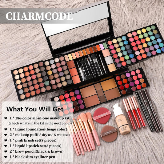 Professional Big Makeup Kit for Teens Girls & Women Full Kit, Beauty Case with Beginner Cosmetics Sets, All-In-One Make up Gift Box with Lipgloss, Eyeshadow,Blush,Highlight,Brow&Liner Pens,Brush,Etc