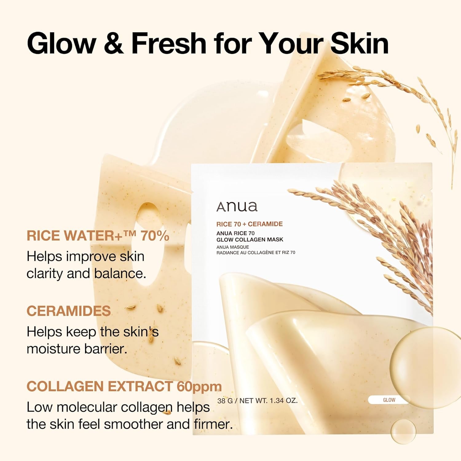 Rice 70 Glow Collagen Mask, Overnight Face Mask for Glass Skin, Ceramide, Collagen Facial Mask, Skin Moisture Barrier, Tightening Care, Natural Color, Korean Skincare, 1.34 Oz/4Ea