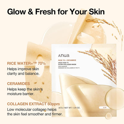 Rice 70 Glow Collagen Mask, Overnight Face Mask for Glass Skin, Ceramide, Collagen Facial Mask, Skin Moisture Barrier, Tightening Care, Natural Color, Korean Skincare, 1.34 Oz/4Ea