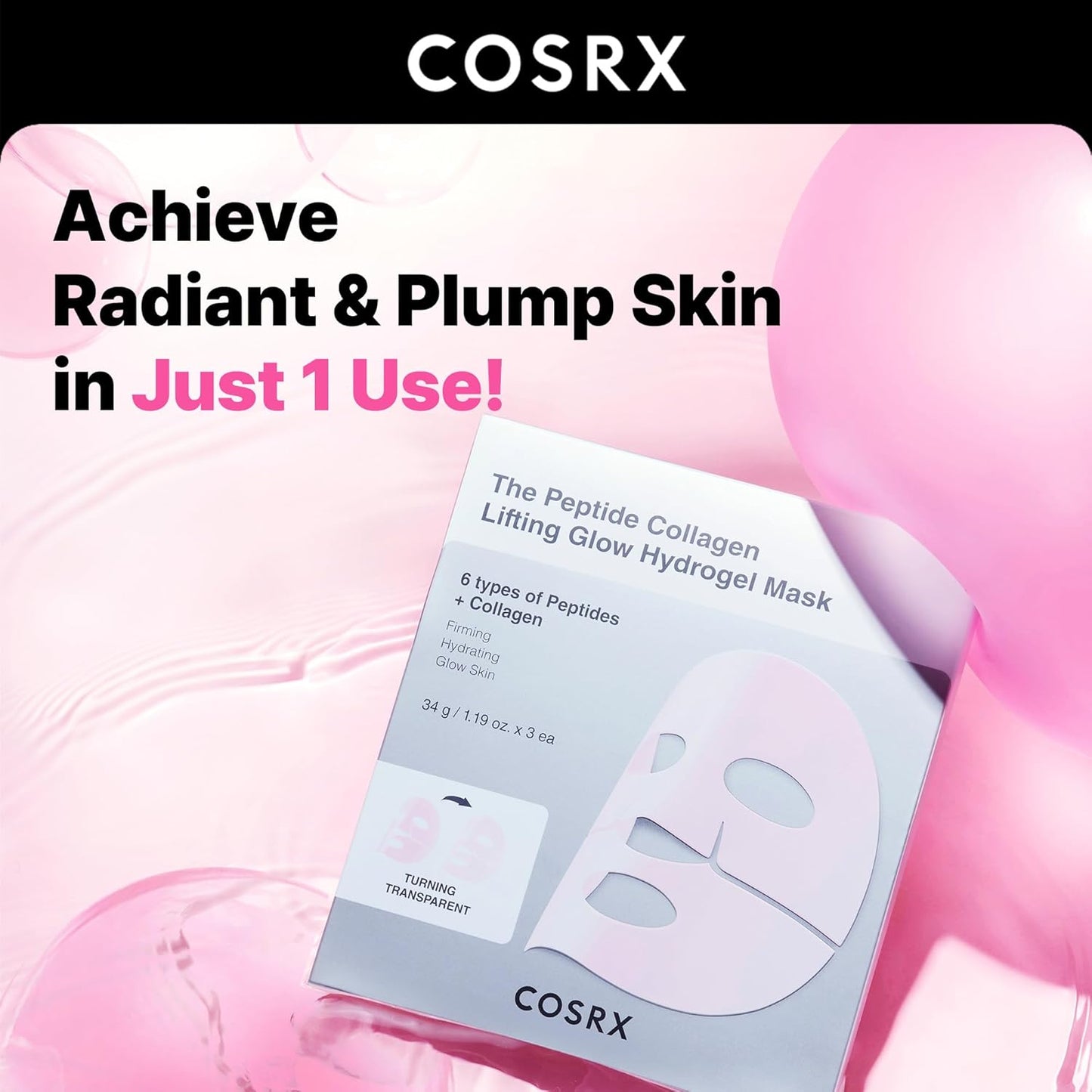Pink Peptides Collagen Lifting Glow Hydrogel Face Masks Skincare 3 EA, Collagen Face Mask, Travel Essentials, Overnight Face Mask, Korean Skincare