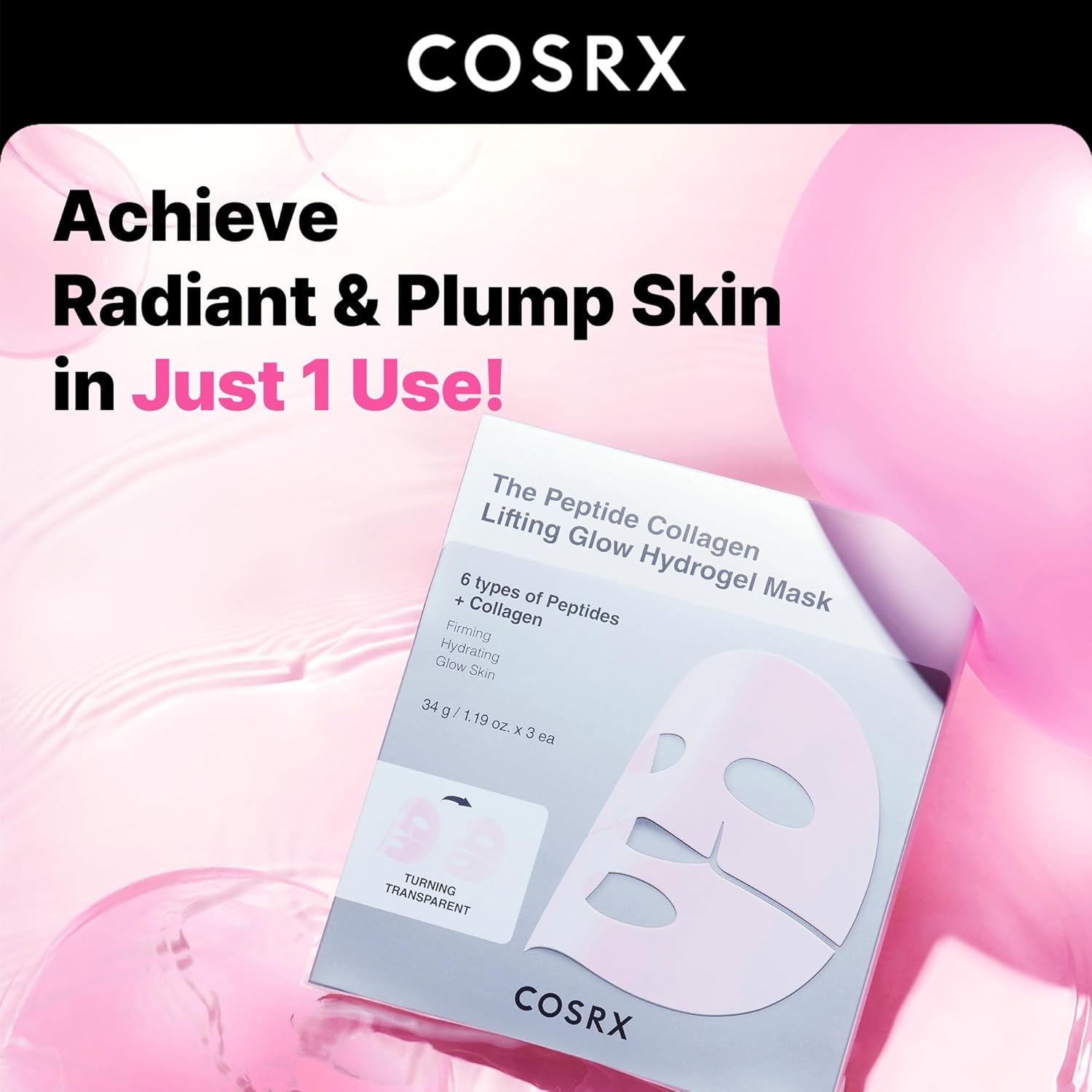 Pink Peptides Collagen Lifting Glow Hydrogel Face Masks Skincare 3 EA, Collagen Face Mask, Travel Essentials, Overnight Face Mask, Korean Skincare