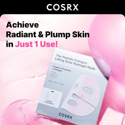 Pink Peptides Collagen Lifting Glow Hydrogel Face Masks Skincare 3 EA, Collagen Face Mask, Travel Essentials, Overnight Face Mask, Korean Skincare