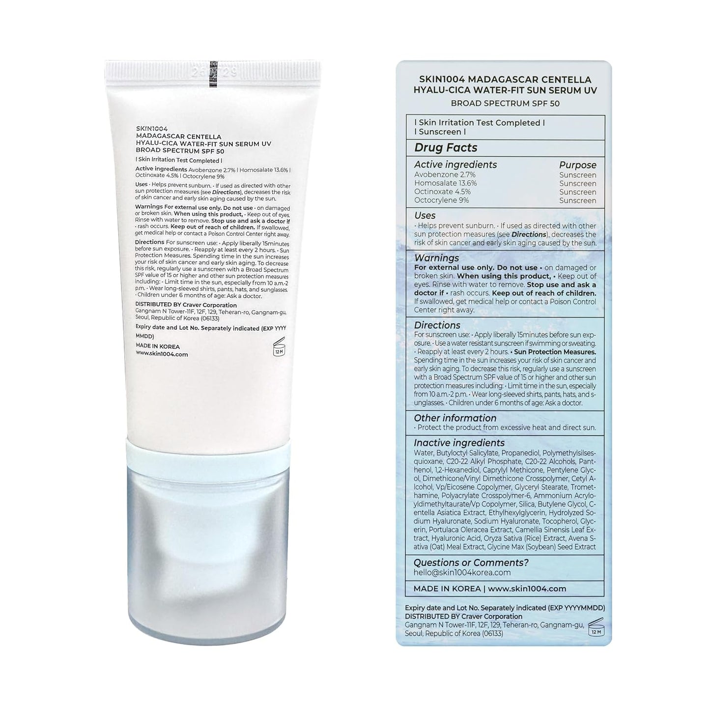 Centella Hyalu-Cica Water-Fit Sun Serum UV, Korean Sunscreen SPF 50, Centella Sunscreen, Travel Essentials, Sunscreen with Hyaluronic Acid, No White Cast, Korean Skin Care, 1.69 Fl.Oz / 50Ml