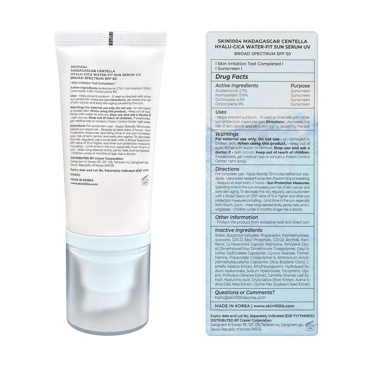 Centella Hyalu-Cica Water-Fit Sun Serum UV, Korean Sunscreen SPF 50, Centella Sunscreen, Travel Essentials, Sunscreen with Hyaluronic Acid, No White Cast, Korean Skin Care, 1.69 Fl.Oz / 50Ml