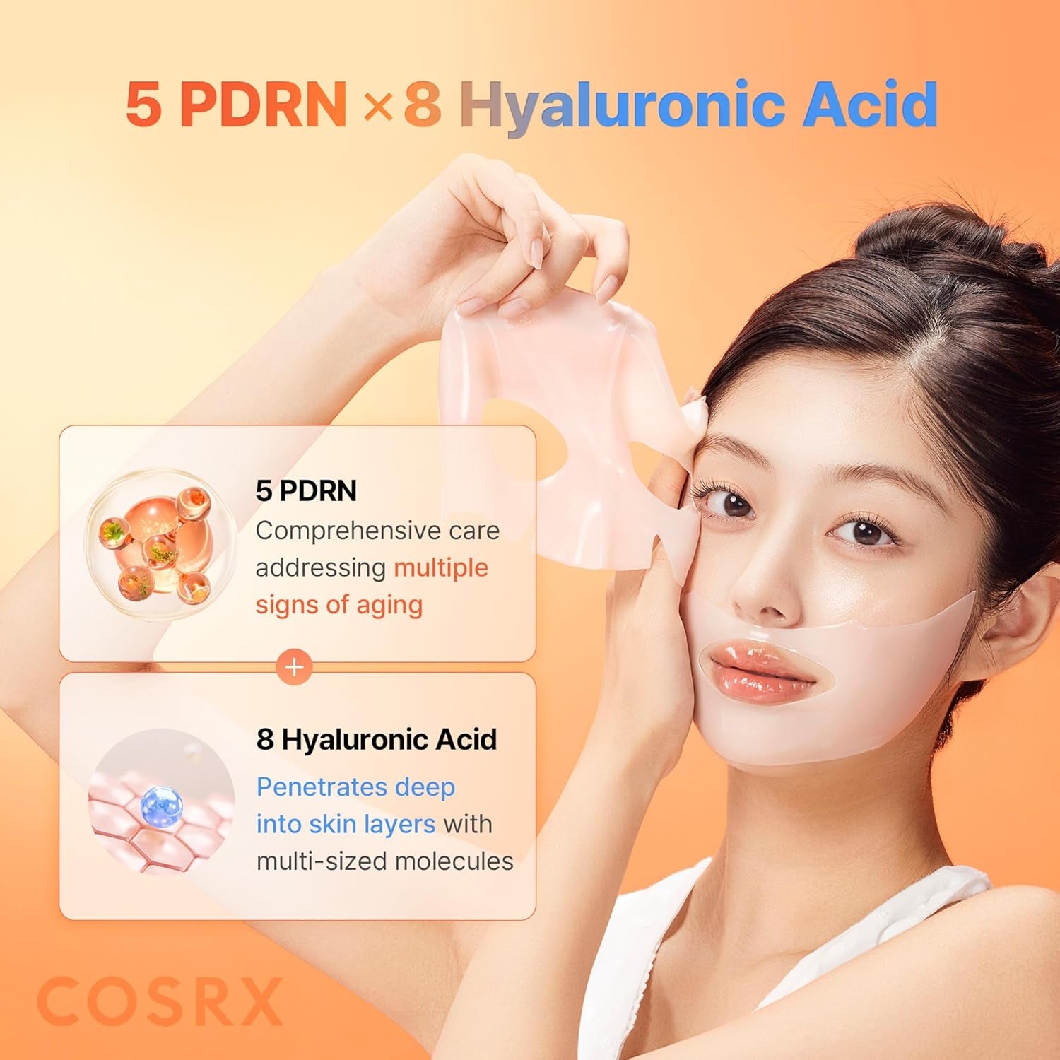5 PDRN Hyaluronic Acid Vital Hydrating Hydrogel Mask, Overnight Hydrogel Face Mask for Glass Glow Skin & Firming with Salmon DNA, Centella PDRN, Travel Essential, Korean Skin Care (34G X 3Ea)