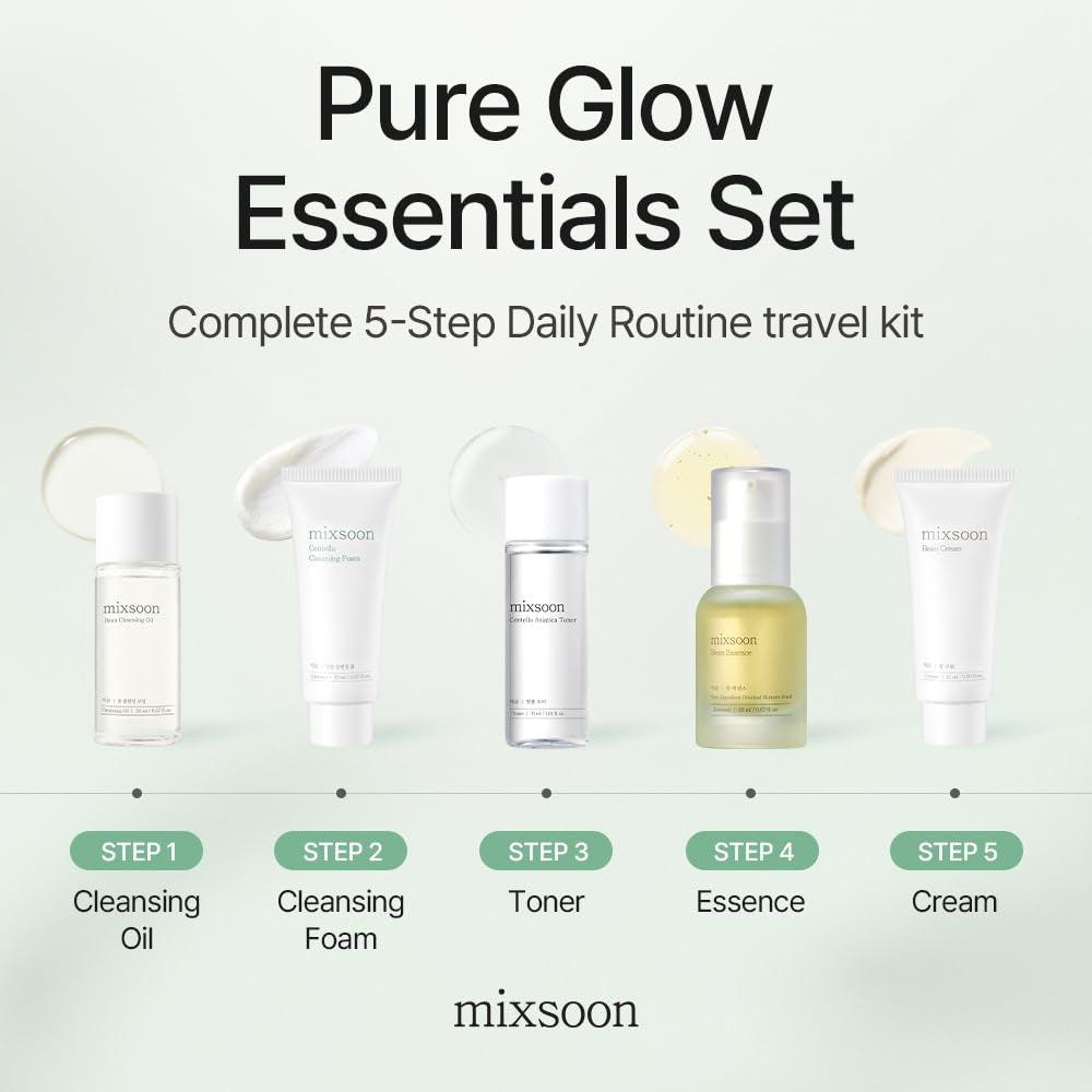 Pure Glow Essentials Set - 5-Step Skincare Kit - Travel Kit, Travel Size Kit, Hydrating Skincare Gift Set (15Ml*1+20Ml*3+30Ml*1) Korean Glass Skin Care