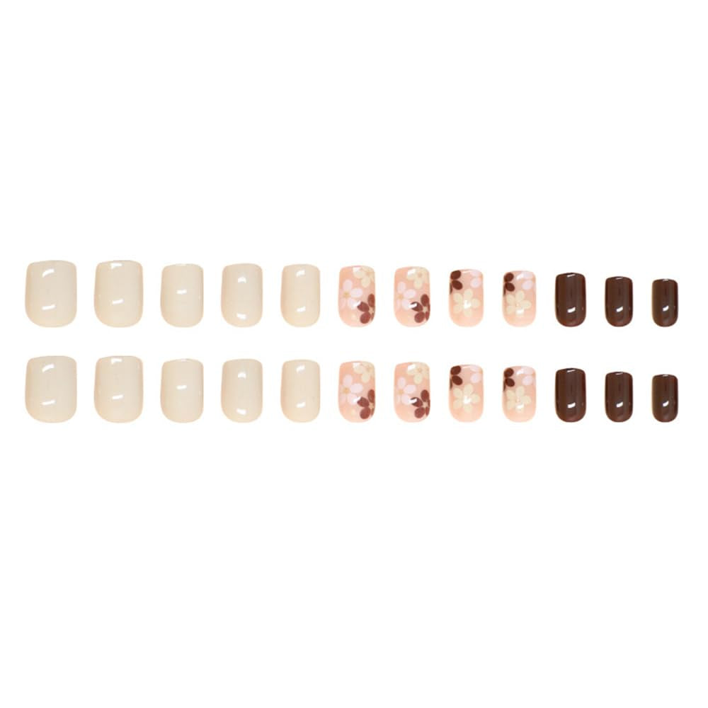 Autumn Flowers Fall Press on Nails - Extra Short Square Brown False Nails, Glossy Glue On, Acrylic, Full Cover, 24 Pcs