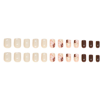 Autumn Flowers Fall Press on Nails - Extra Short Square Brown False Nails, Glossy Glue On, Acrylic, Full Cover, 24 Pcs