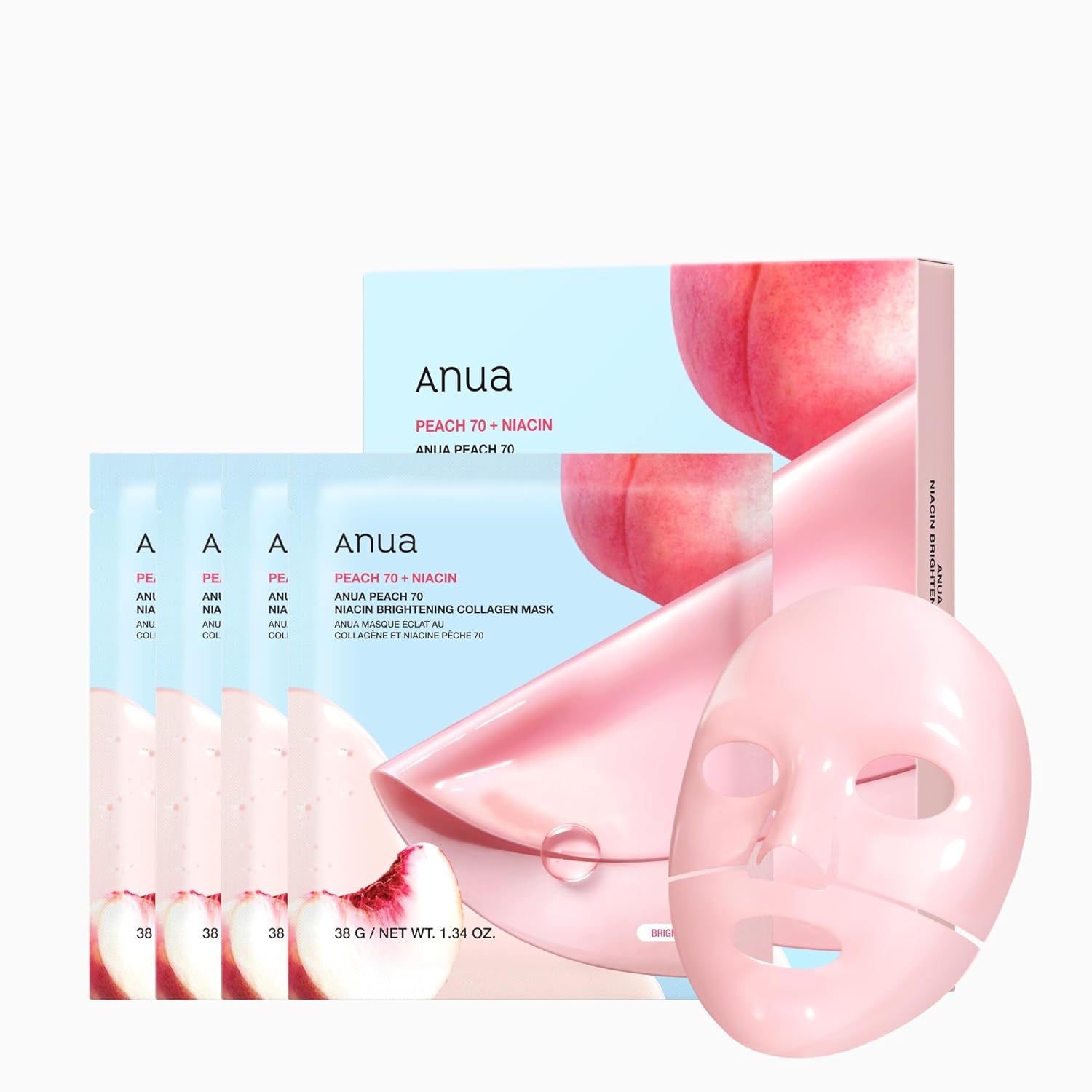 Peach 70 Niacin Brightening Collagen Mask, Overnight Face Mask for Glass Skin, Niacinamide, Elasticity, Even Skin Tone, Natural Color, Korean Skincare, 1.34 Fl.Oz/4Ea