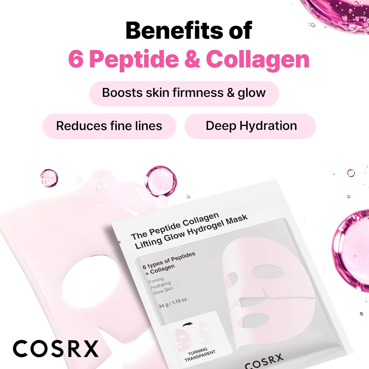 Pink Peptides Collagen Lifting Glow Hydrogel Face Masks Skincare 3 EA, Collagen Face Mask, Travel Essentials, Overnight Face Mask, Korean Skincare