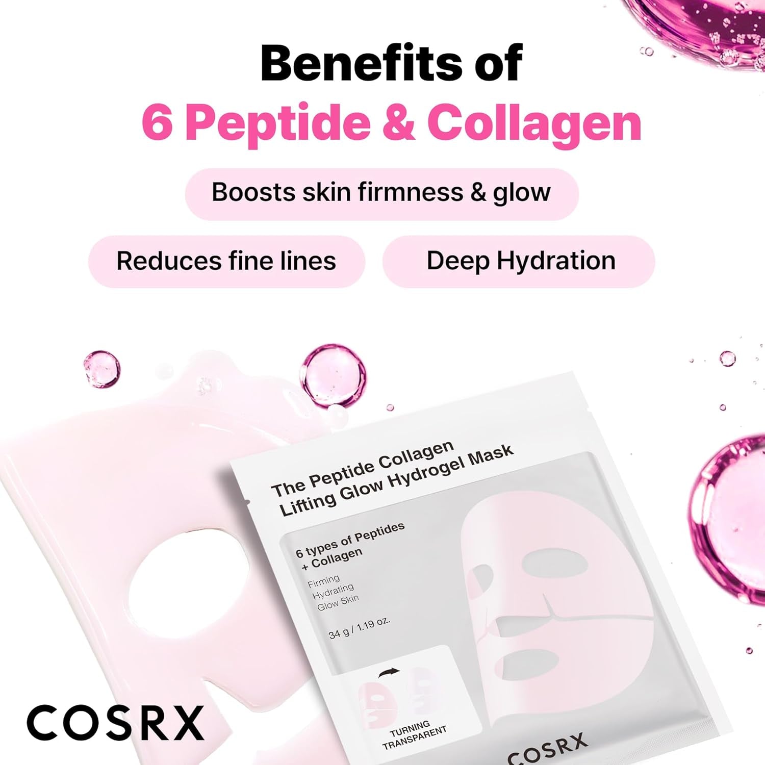 Pink Peptides Collagen Lifting Glow Hydrogel Face Masks Skincare 3 EA, Collagen Face Mask, Travel Essentials, Overnight Face Mask, Korean Skincare