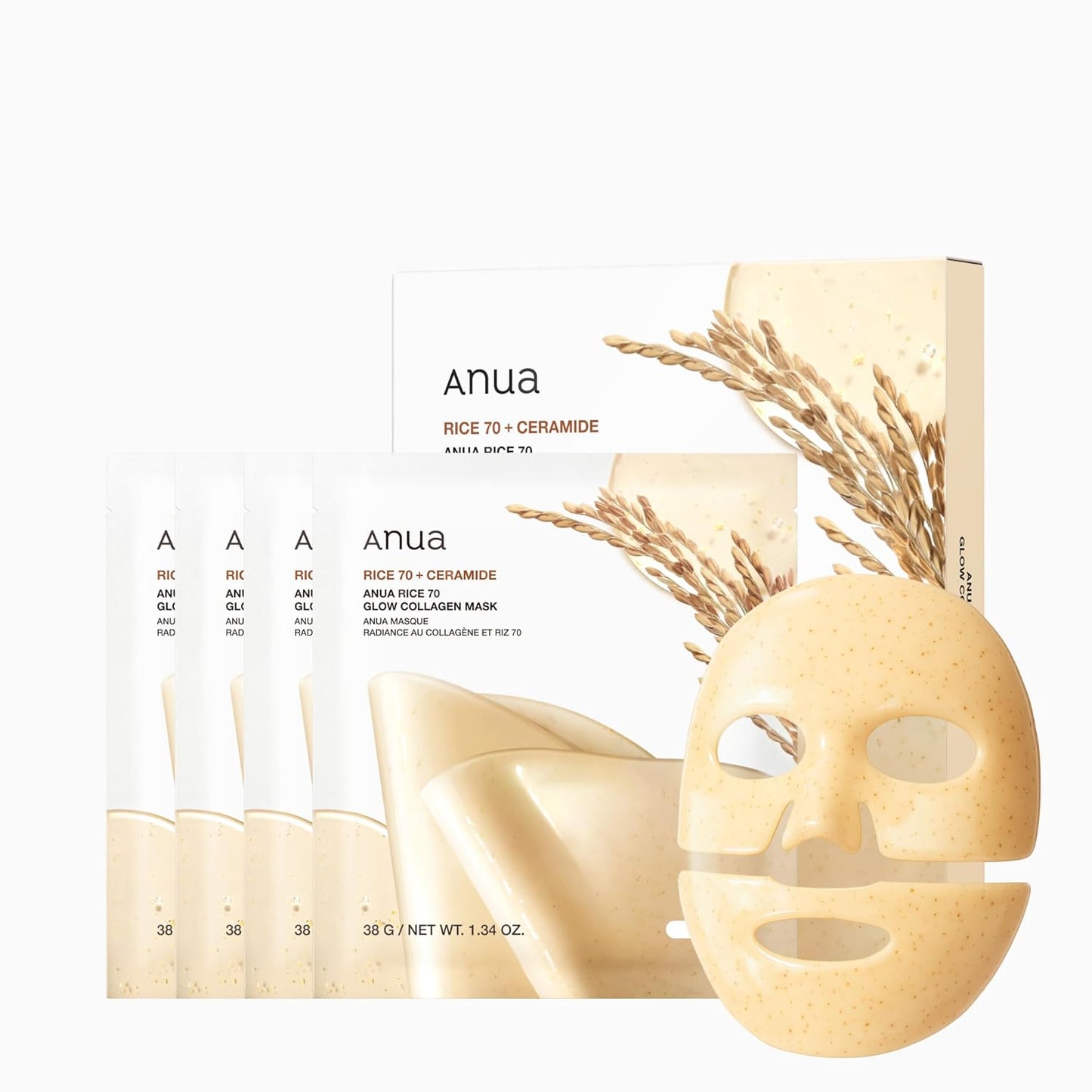 Rice 70 Glow Collagen Mask, Overnight Face Mask for Glass Skin, Ceramide, Collagen Facial Mask, Skin Moisture Barrier, Tightening Care, Natural Color, Korean Skincare, 1.34 Oz/4Ea