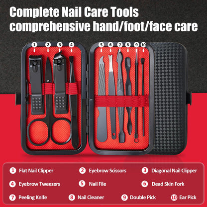 Manicure Set 10 in 1 Mens Gifts Travel Nail Clippers Set for Him, Mens Grooming Manicure Kit Pedicure Tools for Men Women Girls Boys Parents Husband Wife with Black Leather Case
