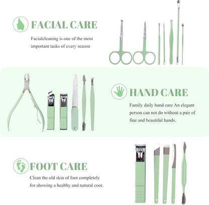 Manicure Set Pedicure Kit Nail Clippers Set Fingernail Clipper Set Ingrown Toenail Nail Kit Scissor Nail Trimmer Kit 18 Pieces Women and Men’S Care Grooming Tools with Fine Case (Tea Green_18 Pieces)