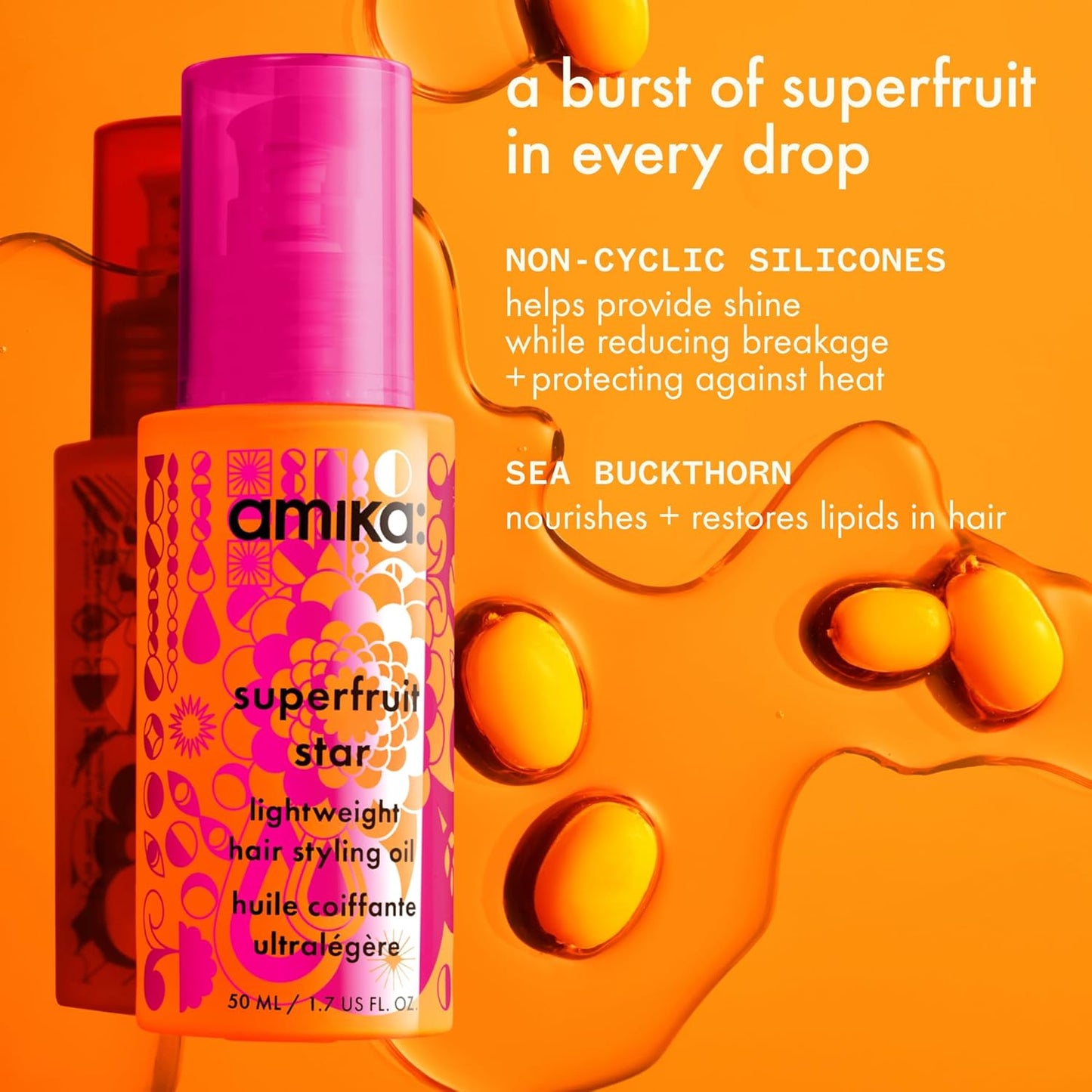 Superfruit Star Lightweight Hair Styling + Heat Defense Oil | Heat Protection, Strengthen + Reduce Breakage, Smooth Frizz, Add Glossy Shine | for All Hair Types